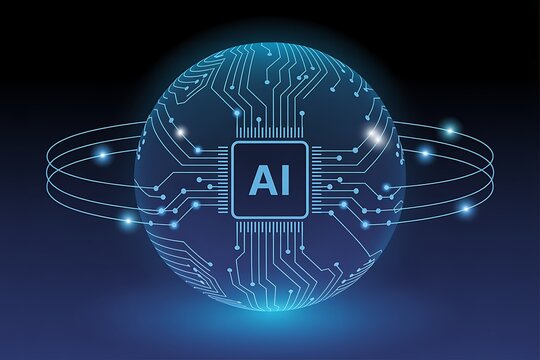Futuristic concept design of artificial intelligence within a global network of interconnected digital circuit connections and data flow.