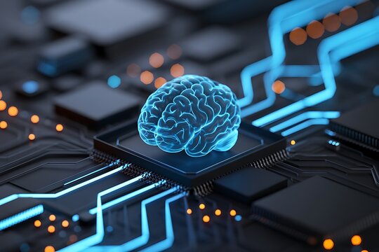 Futuristic concept illustration featuring an illuminated digital brain on a computer processor board showing artificial intelligence