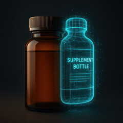 Supplement Bottle Conceptualization: A translucent illustration alongside a realistic supplement bottle, symbolizing the blend of medicine, health, and technological advancement.