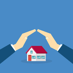 House with a protective hands. For security concepts, protection of private property. Insurance, mortgage, credit.	