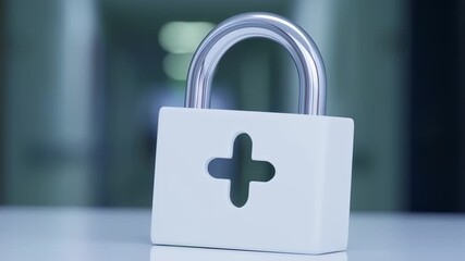 Protecting Medical Information: A dynamic close-up shot of a white padlock with a health cross symbol.