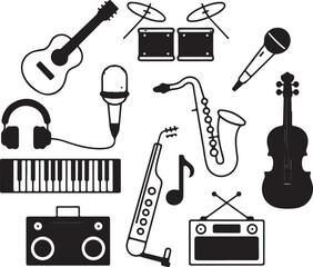 Diverse musical instruments and audio gear collection