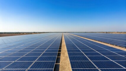 A vast solar panel field stretches under a clear blue sky, harnessing renewable energy and promoting sustainability.