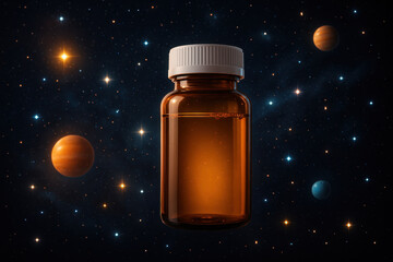 Universe in a Bottle: A captivating image presents a small bottle of amber liquid against a backdrop of a mesmerizing star-studded space, surrounded by planets.