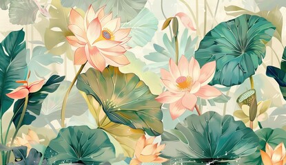 A vibrant illustration featuring delicate pink and peach lotuses amidst lush green foliage, rendered in a painterly style with soft lighting and subtle textural details