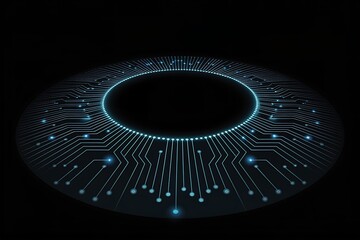 Futuristic digital eye concept created with illuminated circuit board lines and glowing dots over a black background.
