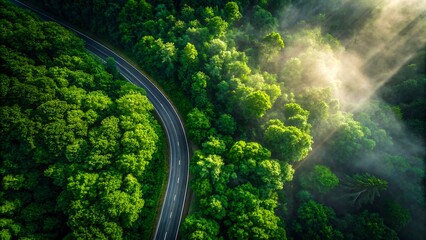 Aerial view of winding road through lush green forest with sun rays breaking through the trees
