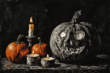 Still life of pumpkins and candles halloween gloomy atmosphere