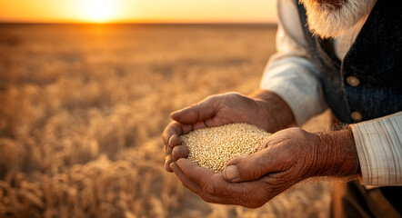 Farmer’s calloused hands holding wheat grains with sunset background, symbolizing organic food production and agricultural freedom
