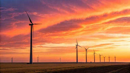 Obraz premium A breathtaking sunset over a field of wind turbines, showcasing renewable energy and nature's vibrant colors.