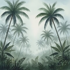 Misty tropical rainforest with towering palm trees and lush green foliage creating a serene atmosphere