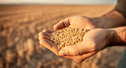 Farmer’s calloused hands holding wheat grains with sunset background, symbolizing organic food production and agricultural freedom
