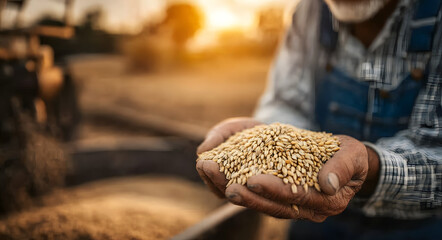 Farmer’s calloused hands holding wheat grains with sunset background, symbolizing organic food production and agricultural freedom
