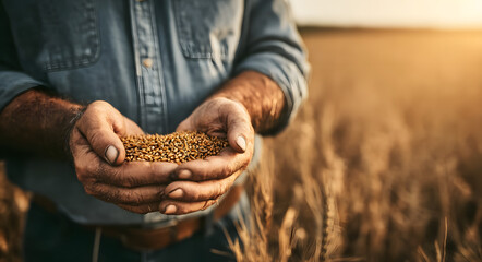 Farmer’s calloused hands holding wheat grains with sunset background, symbolizing organic food production and agricultural freedom
