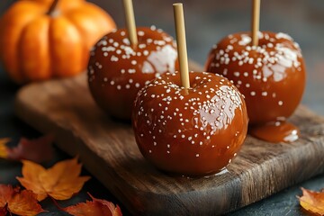 Glossy caramel apples decorated with salt crystals on wooden board with autumn pumpkin and fallen maple leaves, traditional fall season treat.