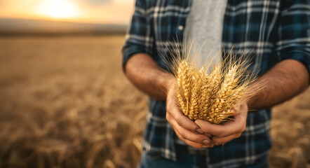 Farmer’s calloused hands holding wheat grains with sunset background, symbolizing organic food production and agricultural freedom
