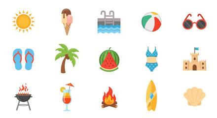 Summer vacation icons set, featuring sun, ice cream, pool, beach ball, sunglasses, flip-flops, palm tree, watermelon, swimsuit, sandcastle, barbecue, cocktail,
