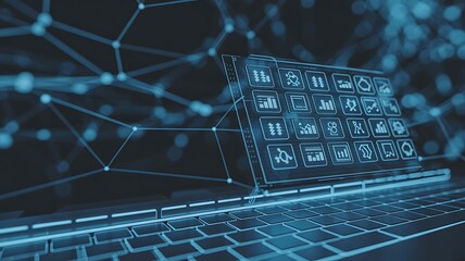 Futuristic digital illustration showcasing data analysis and business analytics interface on a modern laptop keyboard with interconnected network graphics.