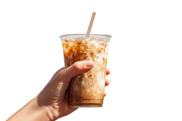 Hand holding an iced coffee in a tall clear plastic cup, transparent background