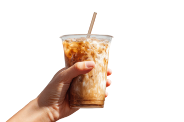 Hand holding an iced coffee in a tall clear plastic cup, transparent background