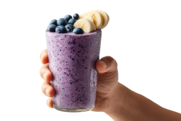 Hand lifting a chilled smoothie glass with blueberries, transparent background