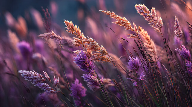 Grass sways in dreamy field; lavender and gold hues. Romantic, peaceful nature for backgrounds, design elements, or marketing visuals.