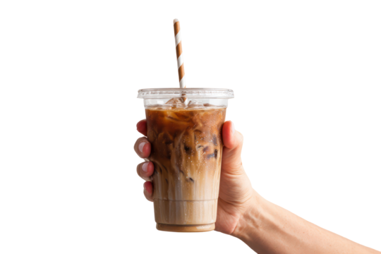 Hand holding an iced coffee in a tall clear plastic cup, transparent background