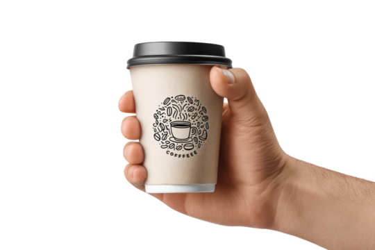 Hand lifting a takeaway coffee cup with coffee shop branding, transparent background - Powered by Adobe