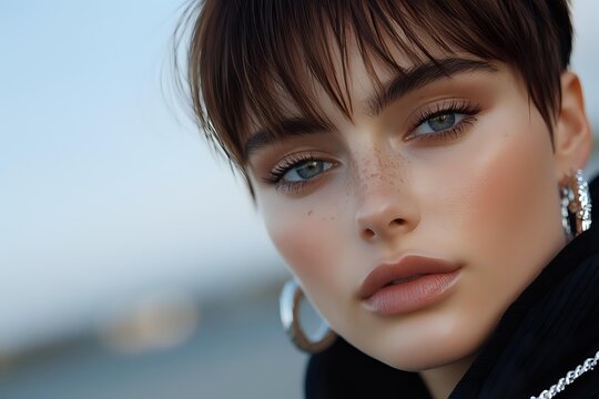 Close up portrait of young woman with short dark hair, natural freckles, blue eyes and coral lipstick wearing black turtleneck and silver earrings against blurred background. - Powered by Adobe