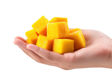 Hand offering a ripe mango cut in cubes, hedgehog style, transparent background