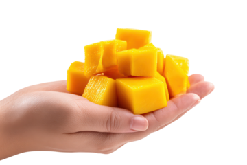 Hand offering a ripe mango cut in cubes, hedgehog style, transparent background