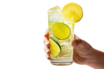 Hand offering a tall glass of lemon-lime soda with ice, transparent background