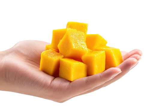 Hand offering a ripe mango cut in cubes, hedgehog style, transparent background