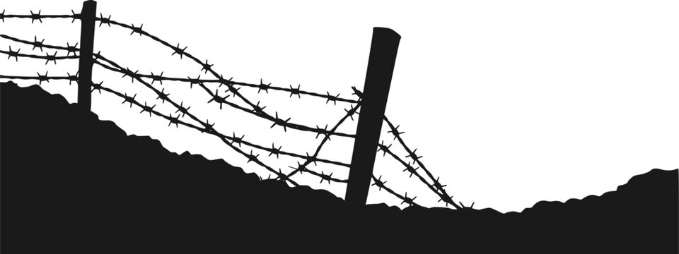 Silhouette of barbed wire and wooden stake on the ground. trench war elements vector background.
