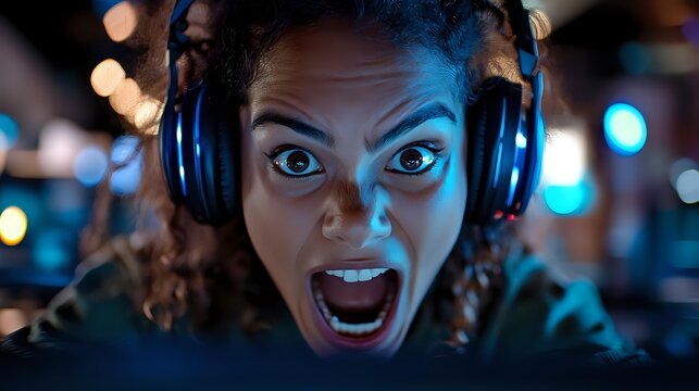 Young African American woman with curly hair wearing headphones expressing extreme excitement with mouth open and wide eyes in dramatic blue lighting.