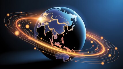 Futuristic illustration of planet earth with glowing data lines encircling globe showcasing global communication and connectivity
