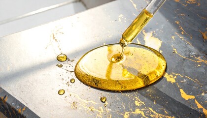 Golden liquid drips on a marbled surface