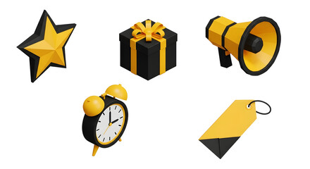 3d Rendered Icon Set Star, Gift, Megaphone, Clock, Tag