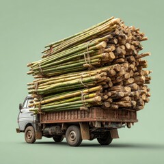 A small truck, viewed from behind, is heavily laden with a large, haphazard stack of long bamboo poles and shorter, thicker logs secured with rope