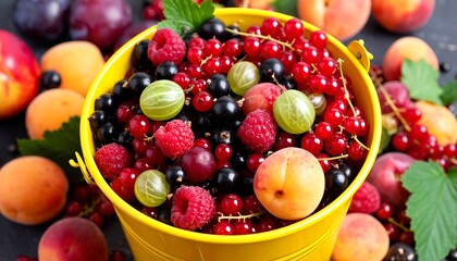 Colorful fruit bounty in a yellow bucket