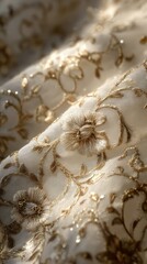 Close-up of ivory fabric with delicate gold embroidery, showcasing a textured, flowing drape and intricate floral patterns illuminated by soft, natural light