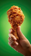 A hand holds a crispy, golden-brown fried chicken drumstick against a vibrant green backdrop.  The lighting accentuates the texture and the overall appeal of the food
