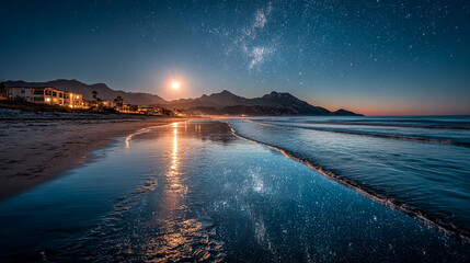 Stargazing on the beach at night. Milky Way reflects on the sand near mountains. Ideal for travel marketing, web design, nature editorial.