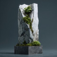 A digitally rendered, tall, light grey stone column with crevices, sits on a dark square base.  Small green plants and moss are nestled within the rock's fissures