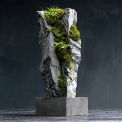 A tall, slender, grey stone sculpture stands on a small, square base.  Moss and small plants grow in crevices within the stone. The background is a dark grey