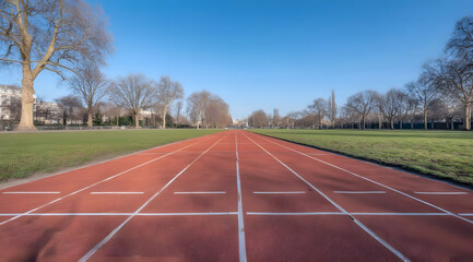 Wide-angle photo of red running track with white markings under blue sky, sports and outdoor fitness concept photography
