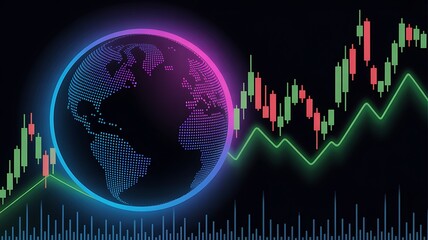 Global financial market trading concept depicting stock market trends alongside a vibrant illuminated earth in a modern style.