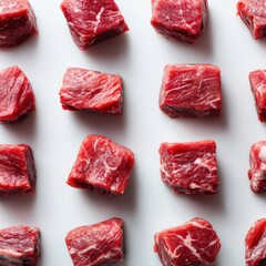 A high-angle, close-up shot of uniformly sized, raw beef cubes arranged in neat rows against a stark white background.  The image displays a clean, organized presentation of the meat