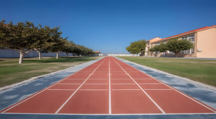 Wide-angle photo of red running track with white markings under blue sky, sports and outdoor fitness concept photography
