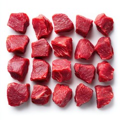 Overhead shot of twenty-five uniformly-sized, raw beef cubes arranged in a grid against a stark white background